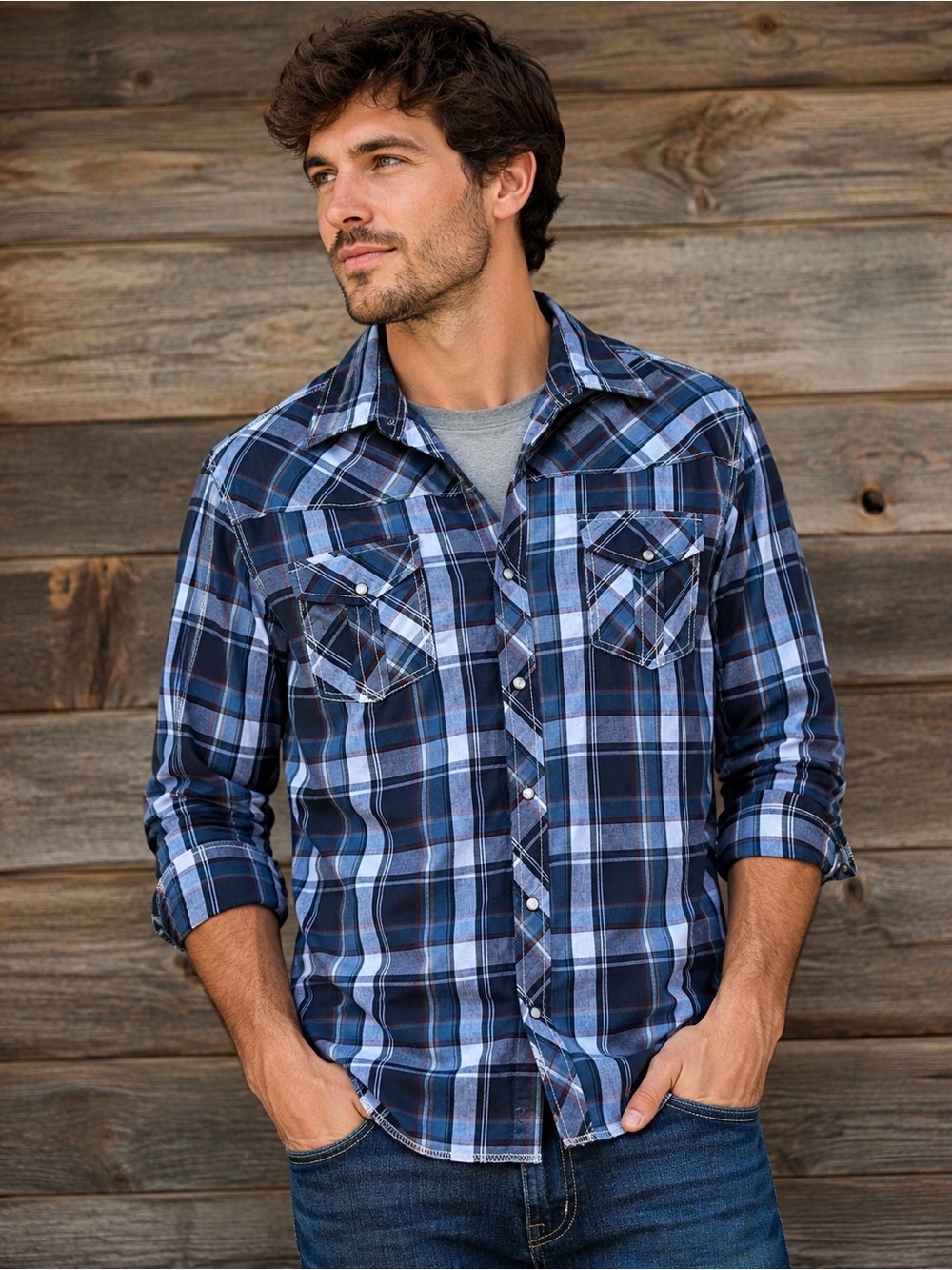 BKE Athletic Fit Western Plaid Shirt Men Medium Blue Snap Front Cotton